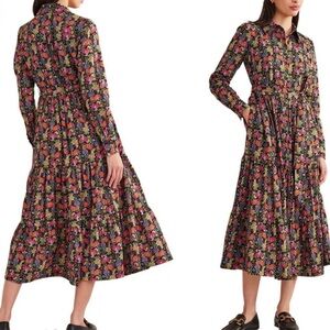 Boden Tiered Cotton Shirt Dress Tie Belt Size 14R Floral Long Sleeve Maxi Pocket
